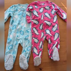 Bundle- 2 Fleece Carter's Footed Pajama Zip Onsies Penguin And Mittens